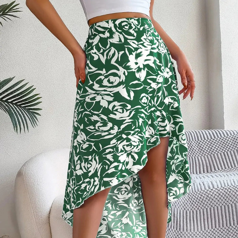 High-Low Printed High Waist Skirt