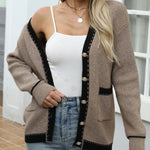 Contrast Trim Button Up Long Sleeve Cardigan - runwayfashionista.com