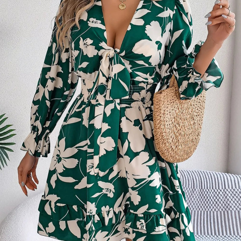 Tied Ruffled Printed Long Sleeve Dress - runwayfashionista.com