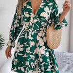 Tied Ruffled Printed Long Sleeve Dress - runwayfashionista.com