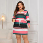 Plus Size Striped V-Neck Long Sleeve Mini Dress - runwayfashionista.com