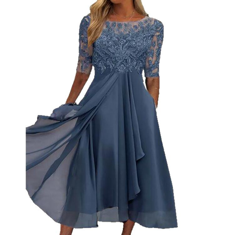 Elevate Your Presence: The Elegant Chiffon Lace Hollow-Out Maxi Dress - blue