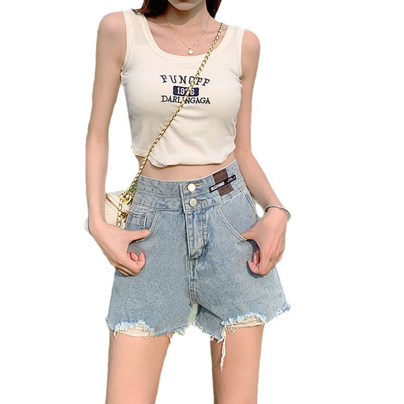 Versatile Casual High-Waisted Double-Button Denim Shorts