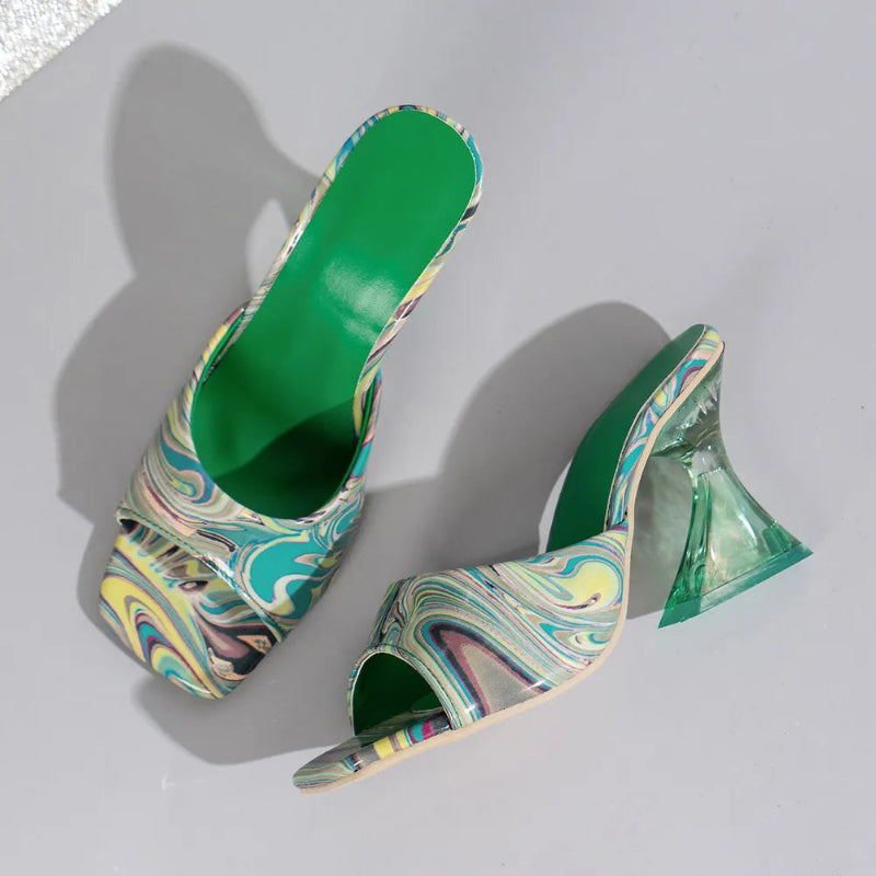 PU material casual mid heel sandals.