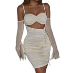Mesh long sleeved camisole dress with pleated hollow out design