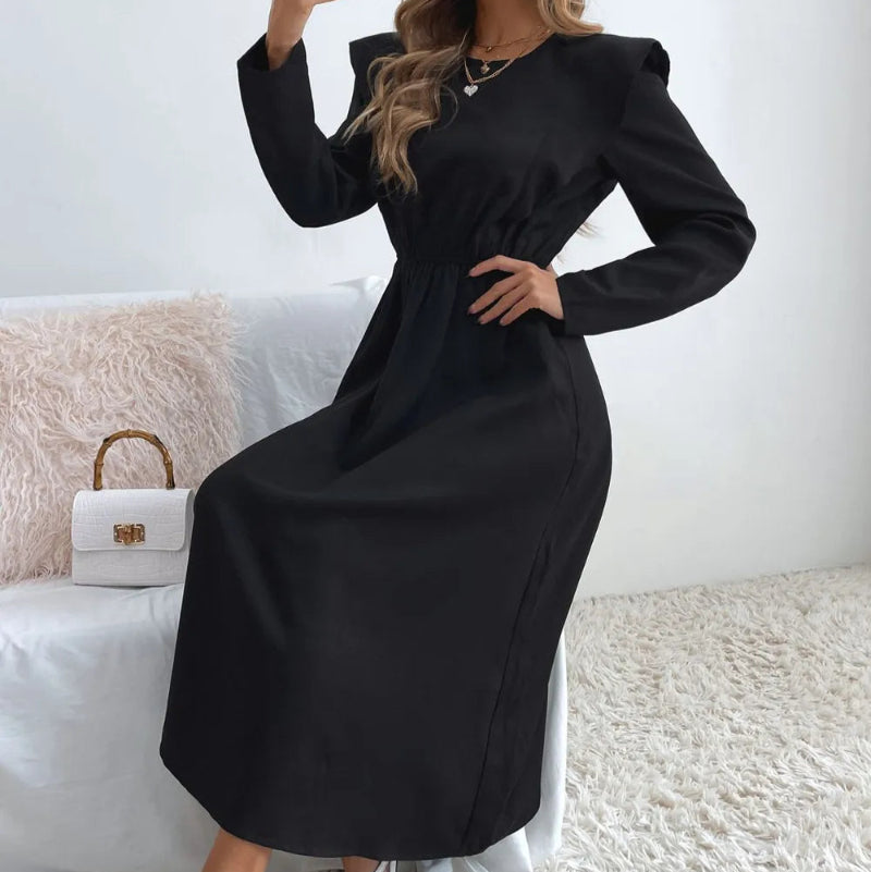 Ruched Ruffled Round Neck Long Sleeve Dress - runwayfashionista.com