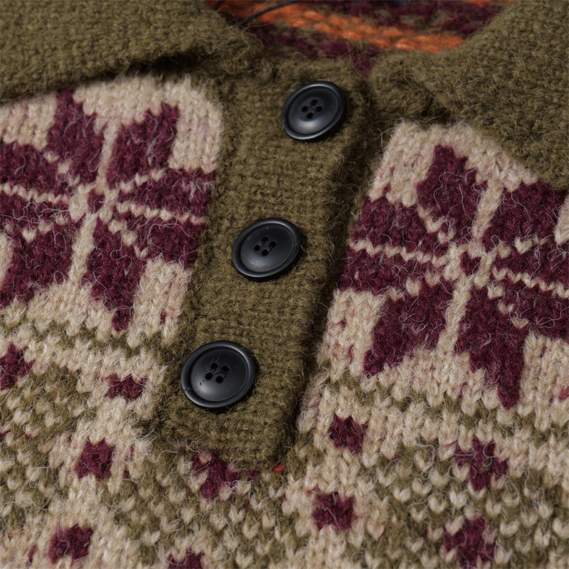 Forest Green Jacquard Turn-down Collar Sweater