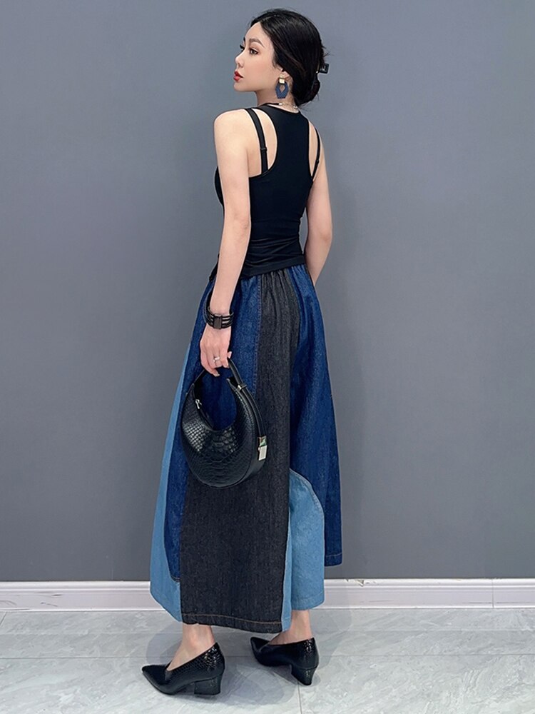 Casual Patchwork Elastic Waist Wide Leg Pants - runwayfashionista.com