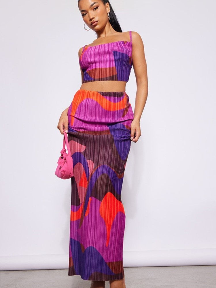 Printed Pleated Sling Top And Skirt - runwayfashionista.com