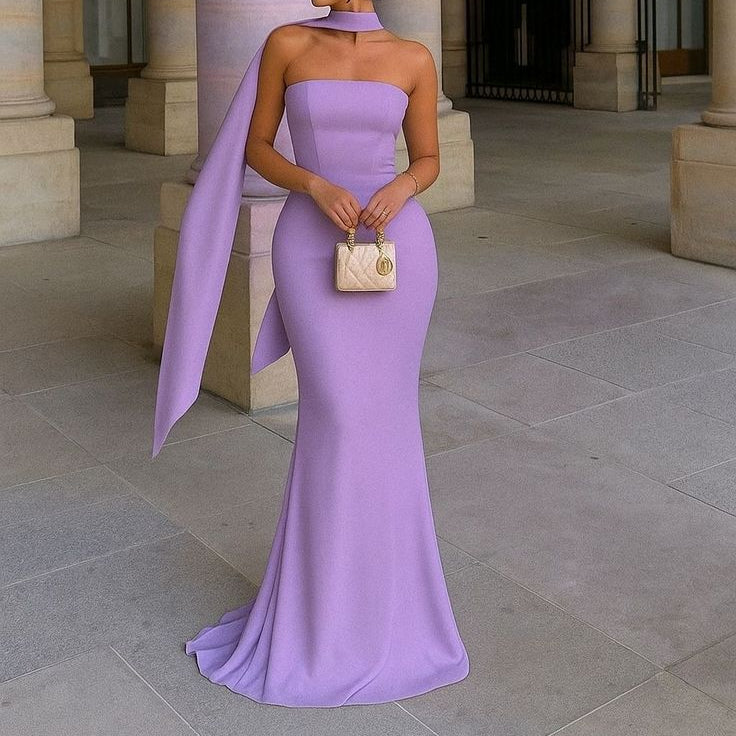 Elegant Strapless Ribbon-Trimmed Evening Gown - purple