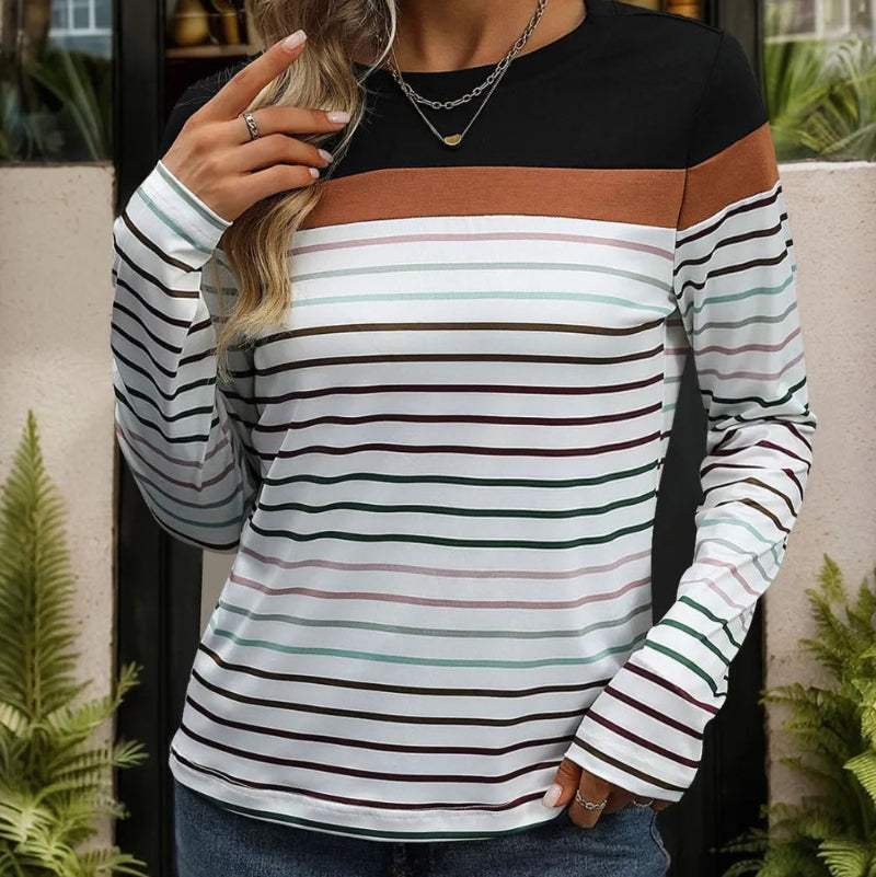 Striped Round Neck Long Sleeve T-Shirt - runwayfashionista.com