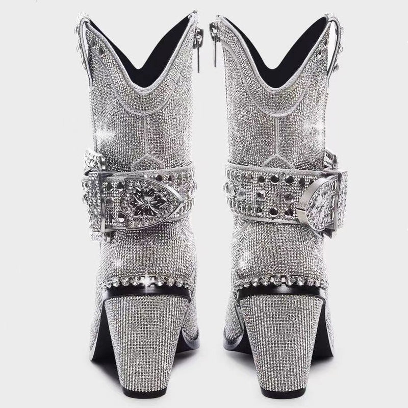 Belt buckle thick heel fashion boots - runwayfashionista.com