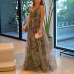 Sleeveless Military Green Printed Maxi Dress with High Waist and Flowing Silhouette