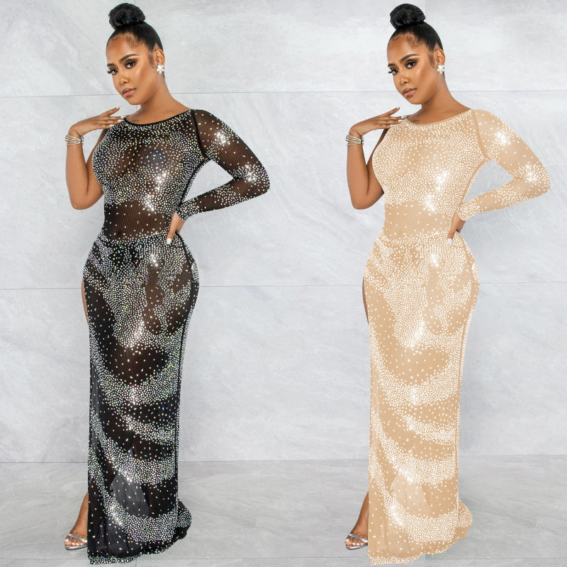 Rhinestone Single Long Sleeve Irregular Slit Maxi Dress