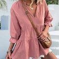 Ruffled Notched Three-Quarter Sleeve Blouse -runwayfashionista.com