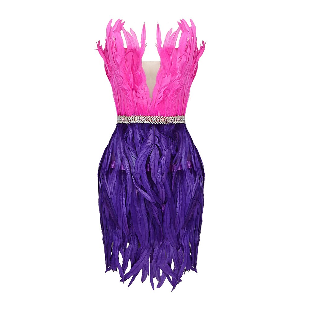 Stylish High Waist Feather Crystal Design Mini Dress