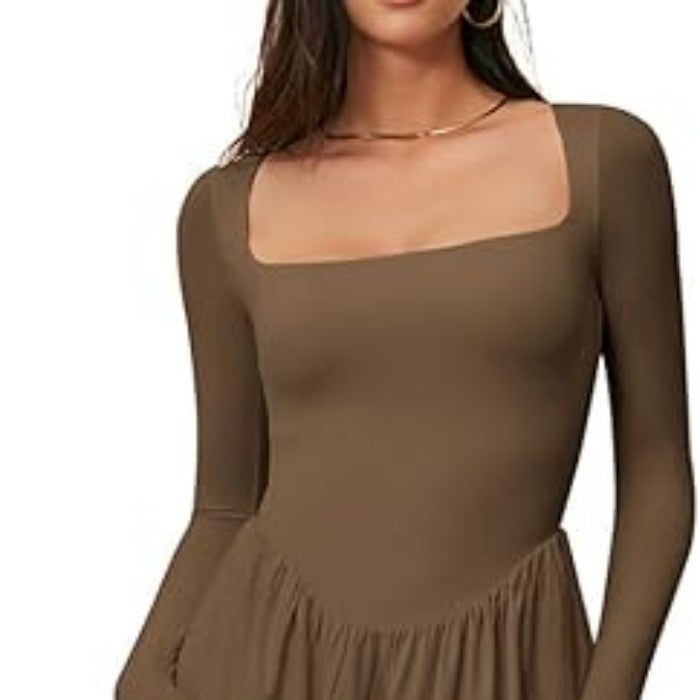 Square Neck Long Sleeve Pleated Midi Dress - brown