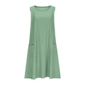 A sleeveless, mid-length A-line tank dress with a round neck.