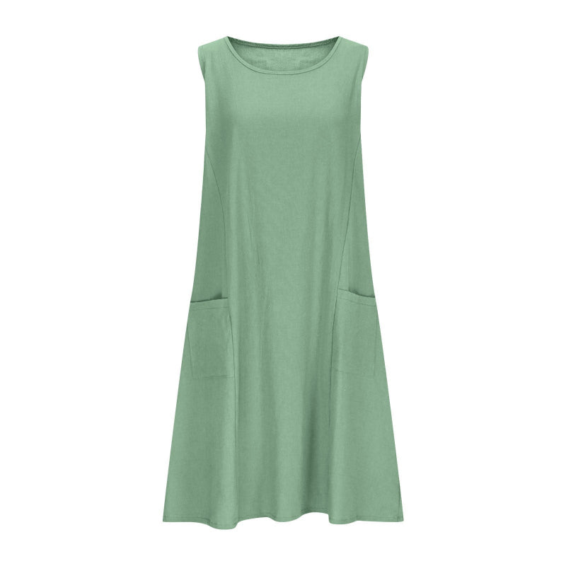 A sleeveless, mid-length A-line tank dress with a round neck.