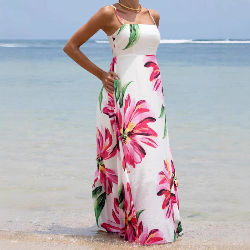 Bohemian Print Large Flower Pocket Maxi Dress - Pink