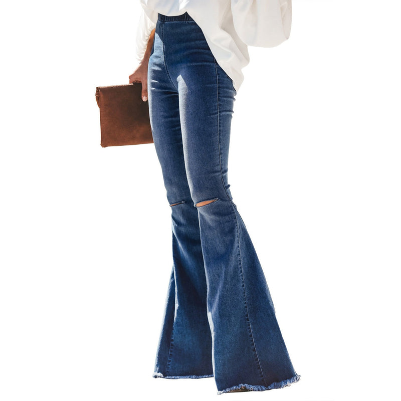 Denim Flared Elastic Waist Jeans - runwayfashionista.com