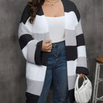 Model wearing a cozy imitation mink fur plus size cardigan