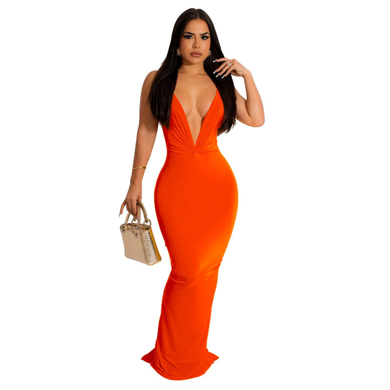 Sleeveless Pleated V-Neck Maxi Dress - Orange
