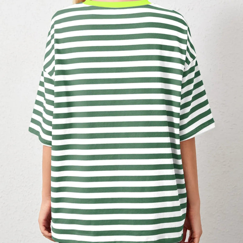 Casual Striped Quarter Sleeve T - Shirt - runwayfashionista.com