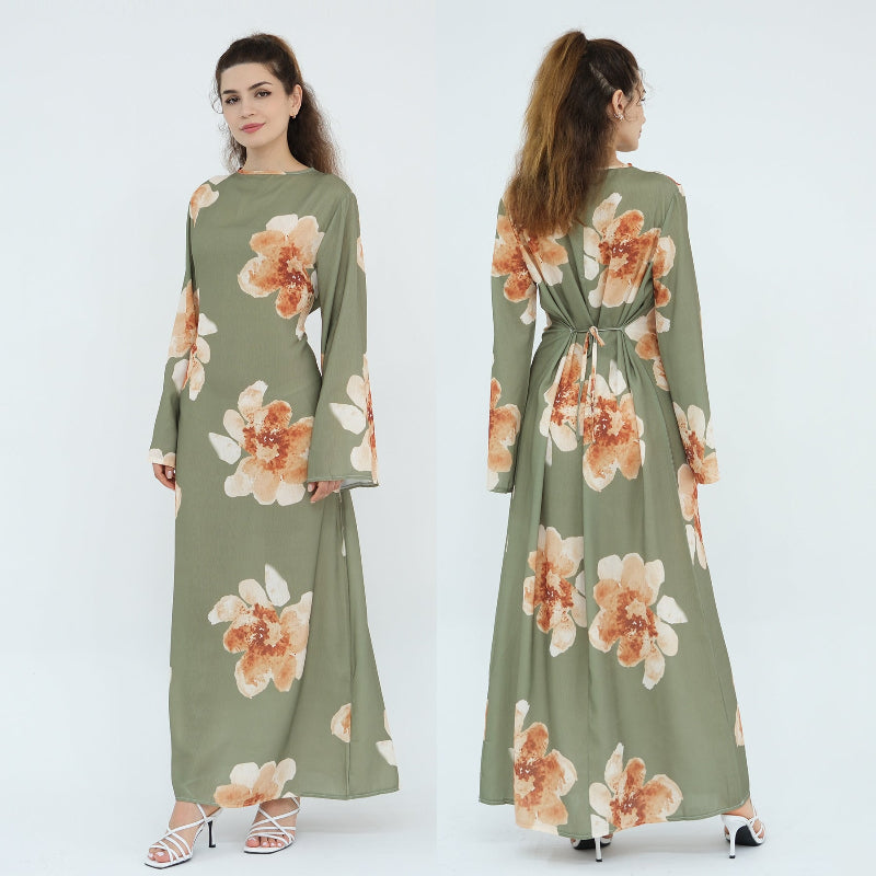 Waist-Cinched Ankle-Length Printed Midi Dress