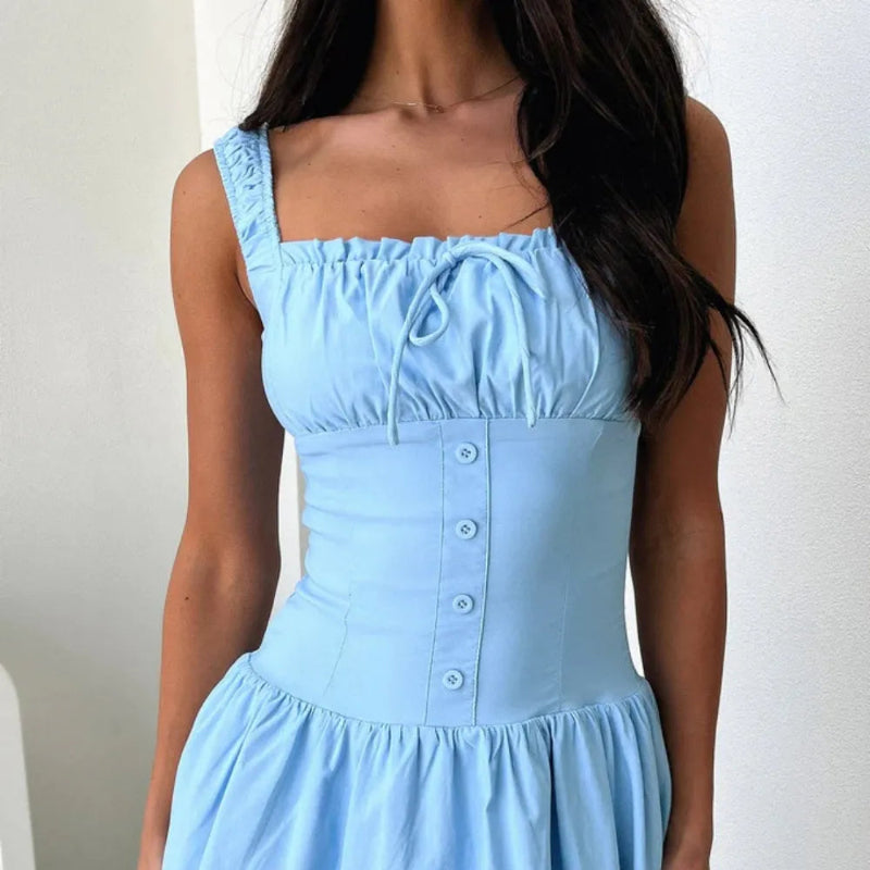 Decorative Button Square Neck Cami Dress - runwayfashionista.com