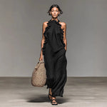 Resort Style Ruffled Halter Neck Sleeveless Maxi Dress - black