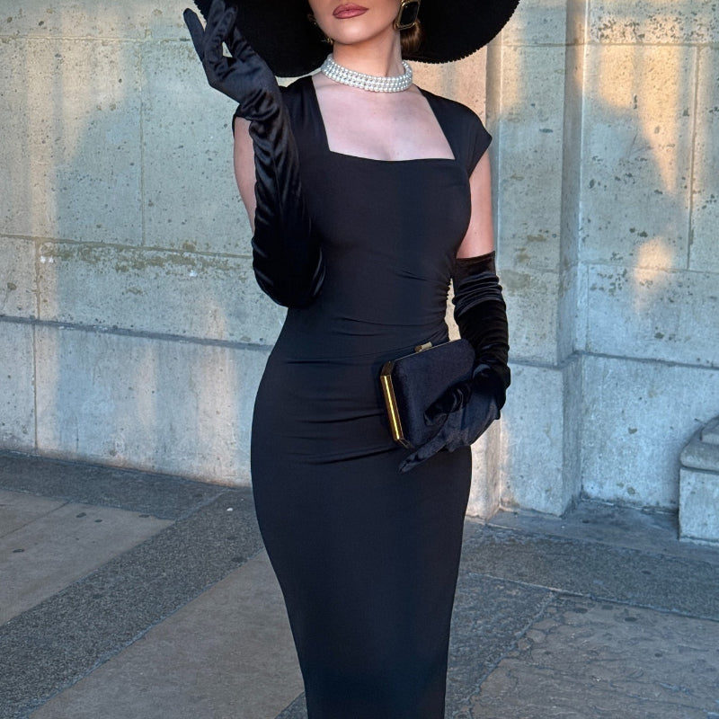 Black Square Neck Hip Wrap Midi Dress With Gloves