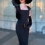 Black Square Neck Hip Wrap Midi Dress With Gloves