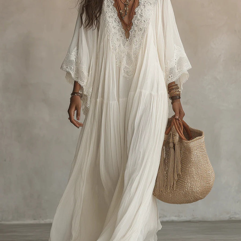 Lace-Trim V-Neck Flared-Sleeve Boho Maxi Dress - white