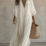 Lace-Trim V-Neck Flared-Sleeve Boho Maxi Dress - white