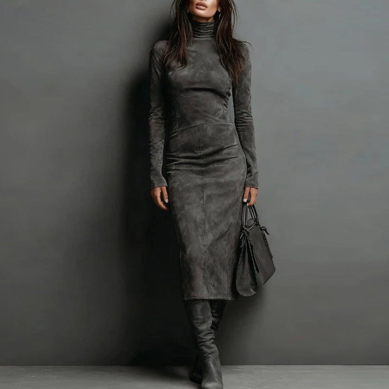 Turtleneck Long-sleeved Midi Dress - dark grey