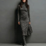 Turtleneck Long-sleeved Midi Dress - dark grey