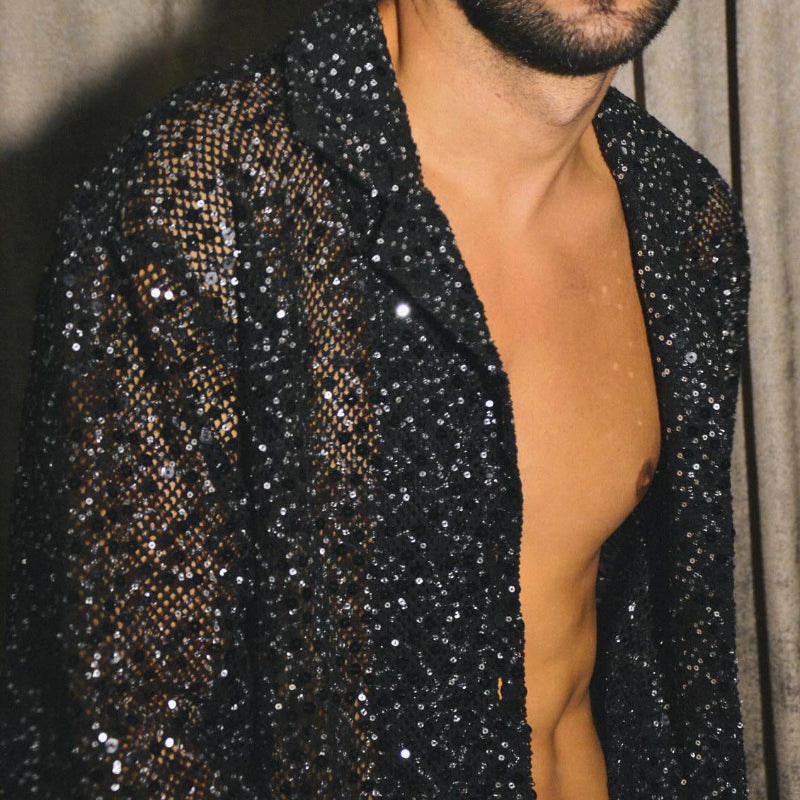Black Sequin Sheer Open-Front Shirt With Oversized Silhouette