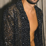 Black Sequin Sheer Open-Front Shirt With Oversized Silhouette