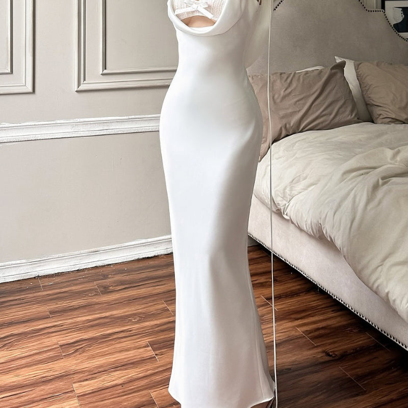 White Satin Backless Cutout Maxi Dress