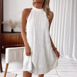 Textured Wave Halter Open-Back Trapeze Dress