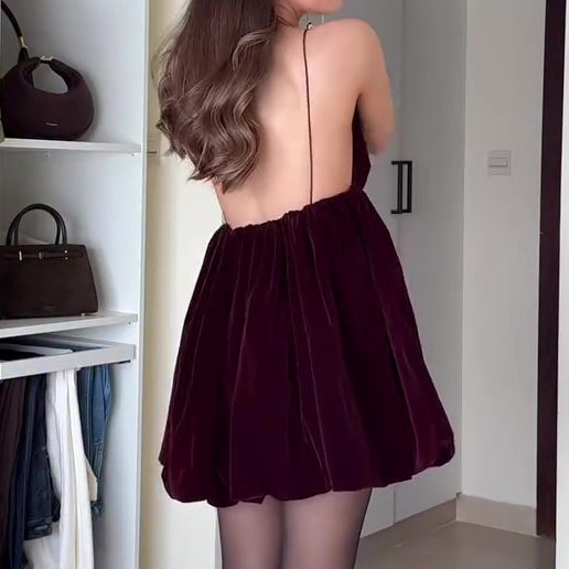 Burgundy Velvet Mini Dress With Plunging Neckline And Flared Silhouette