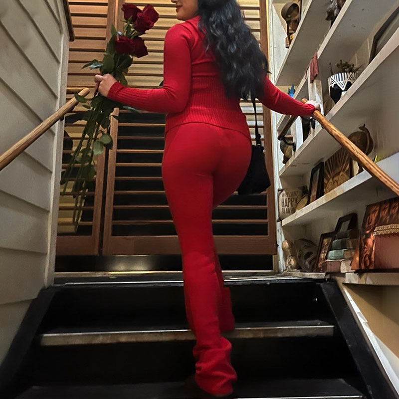 Sweater And High Waist Long Pants Set - red