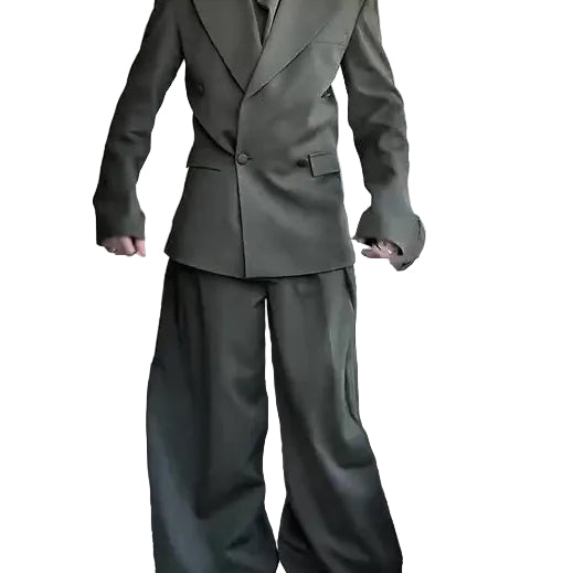 Olive Green Oversized Three-Piece Suit With Blazer, Waistcoat And Wide-Leg Pants