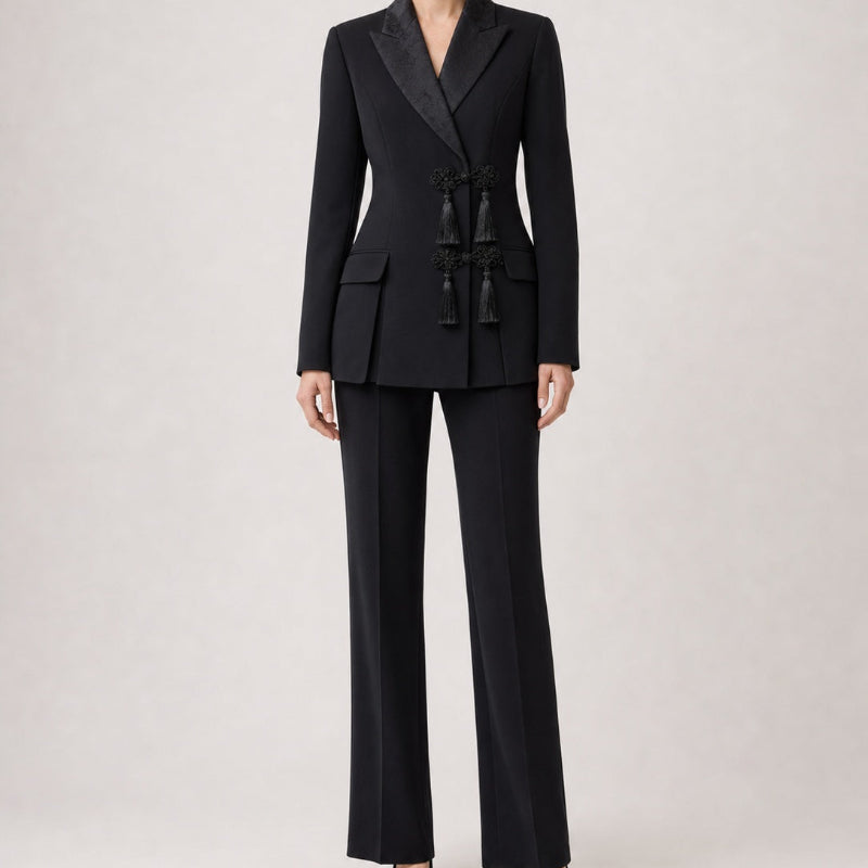 Knot Detail Blazer and Trouser Suit - black