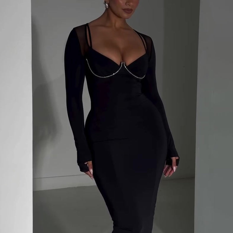 Black Bodycon Midi Dress With Rhinestone Chain Detail And Mesh Sleeves
