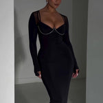 Black Bodycon Midi Dress With Rhinestone Chain Detail And Mesh Sleeves