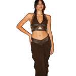 Coffee Halter Cut-Out Top & Maxi Skirt Set