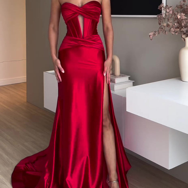 Tube Top Slit Red Extra Long Evening Maxi