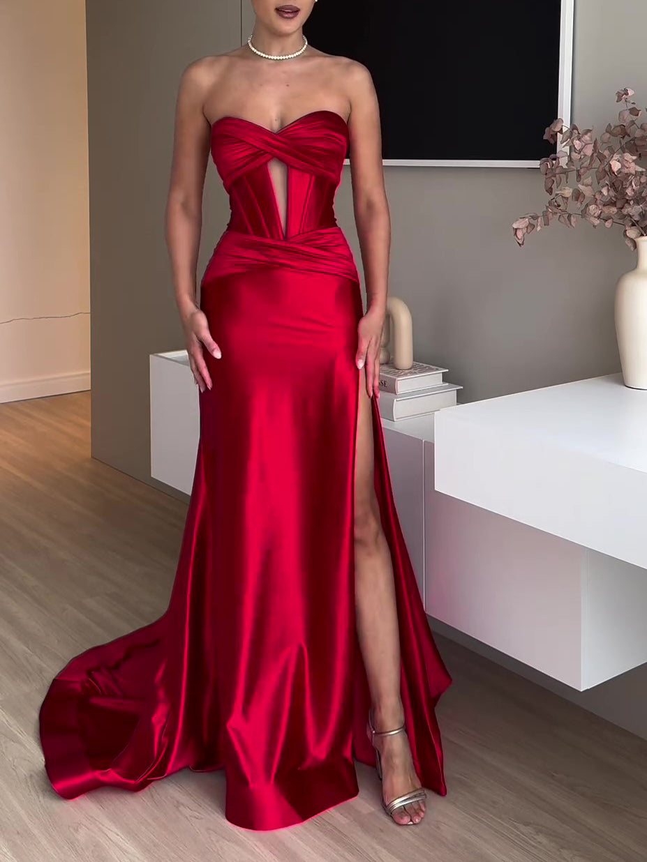 Tube Top Slit Red Extra Long Evening Gown